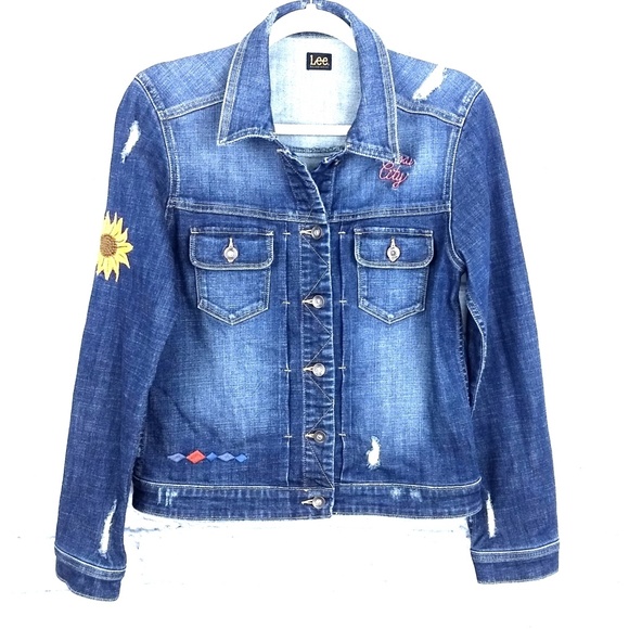 Lee Jackets & Blazers - Lee Distressed Embroidered Sunflower Denim Jacket